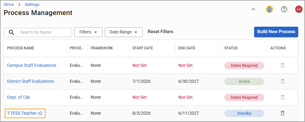 Process management table displaying an old T-TESS v2 process.